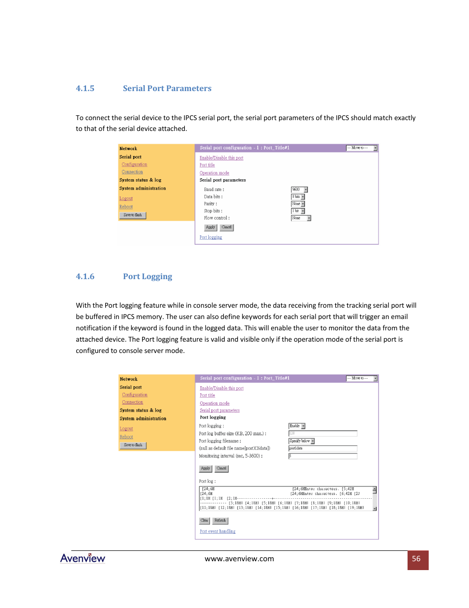 5 serial port parameters, 6 port logging | Avenview RTERM Series User Manual | Page 56 / 75