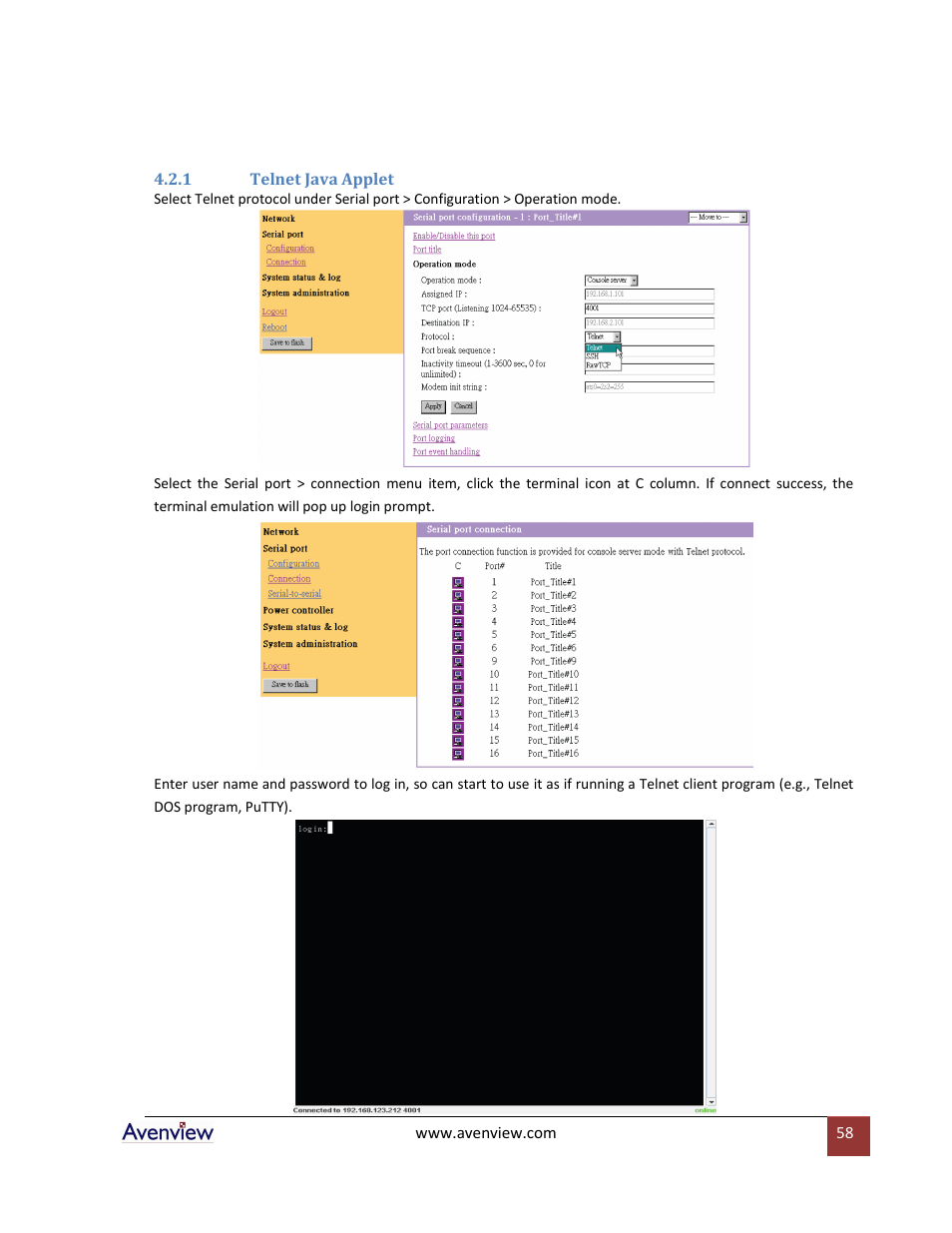 1 telnet java applet | Avenview RTERM Series User Manual | Page 58 / 75