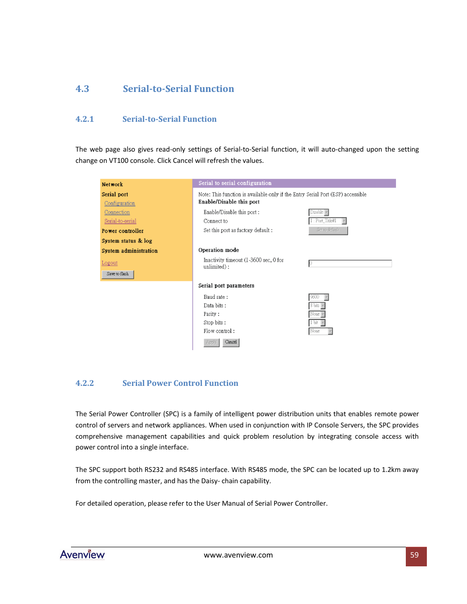 3 serial-to-serial function, 1 serial-to-serial function, 2 serial power control function | Avenview RTERM Series User Manual | Page 59 / 75