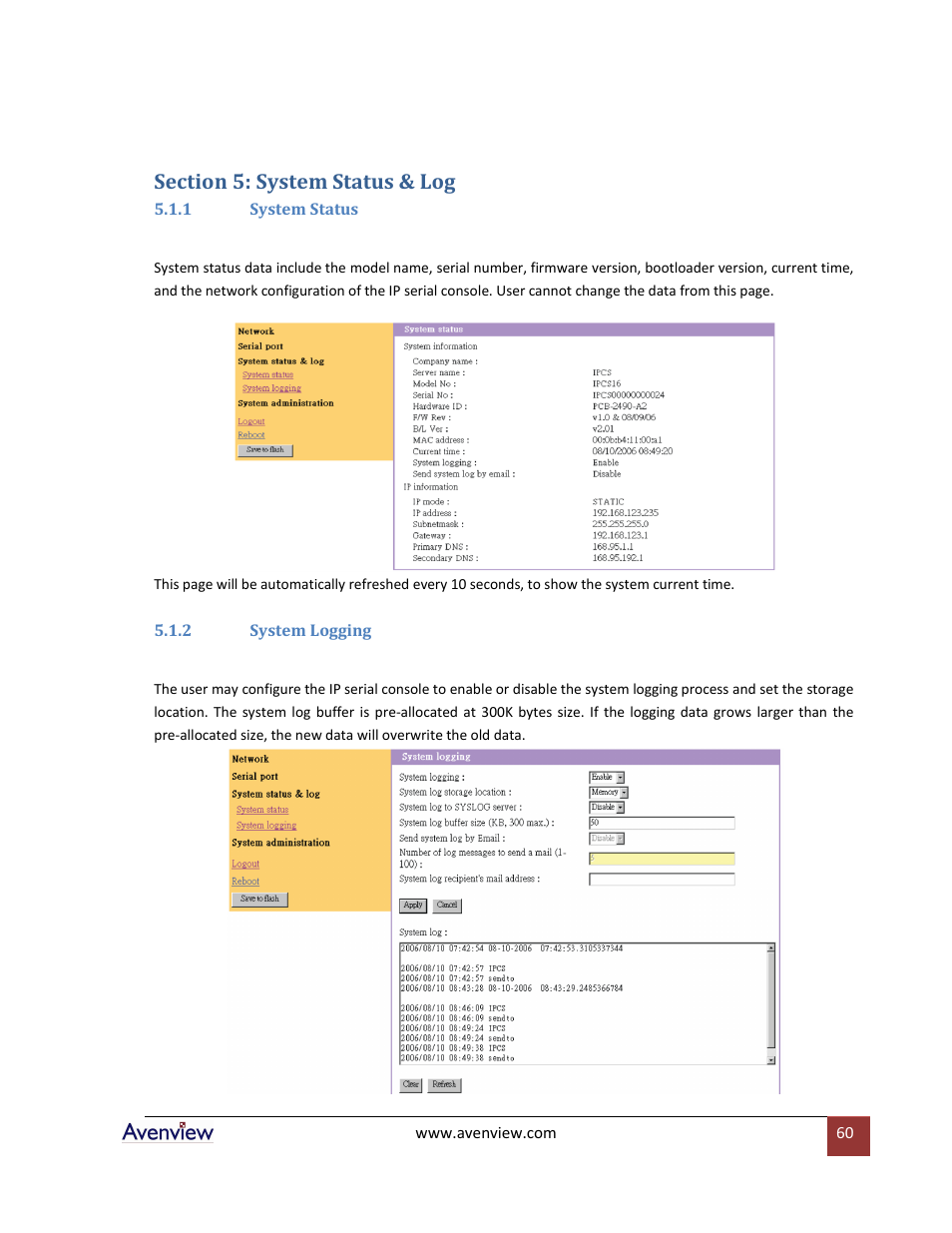 Section 5: system status & log, 1 system status, 2 system logging | Avenview RTERM Series User Manual | Page 60 / 75