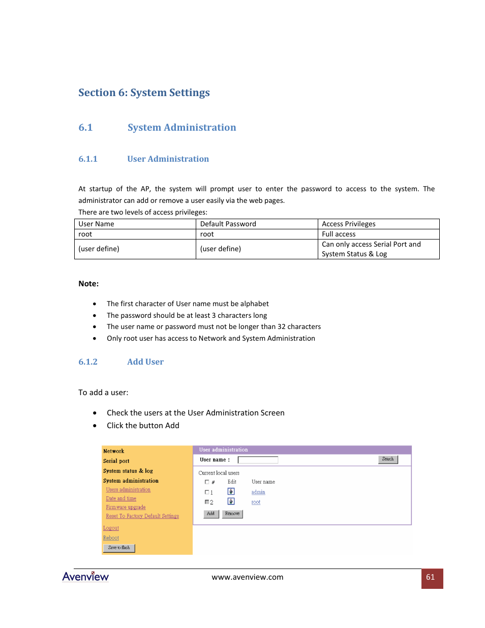 Section 6: system settings, 1 system administration, 1 user administration | 2 add user | Avenview RTERM Series User Manual | Page 61 / 75