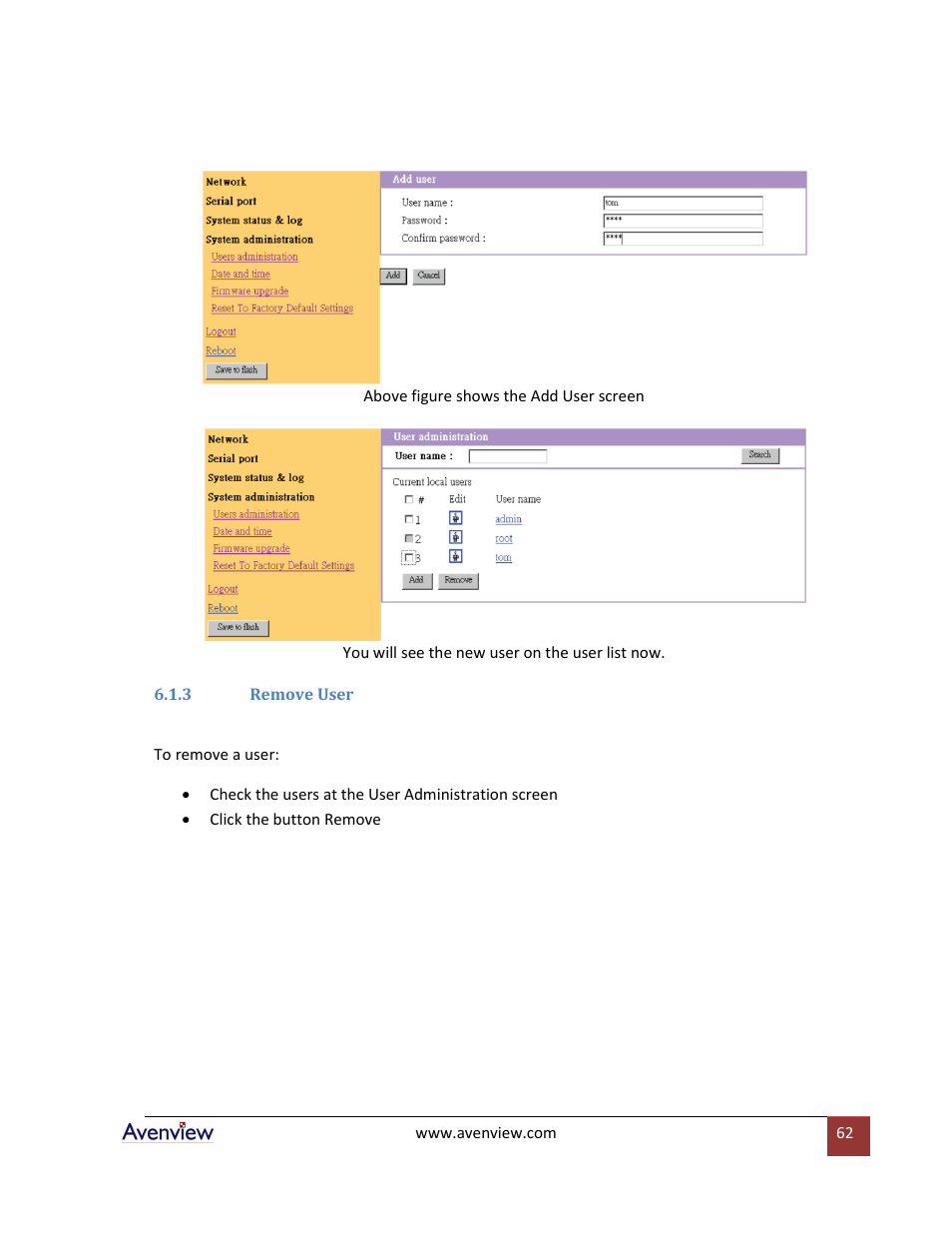 3 remove user | Avenview RTERM Series User Manual | Page 62 / 75