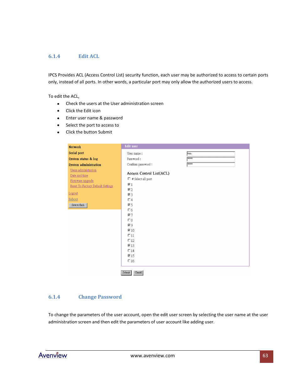 4 edit acl, 4 change password | Avenview RTERM Series User Manual | Page 63 / 75