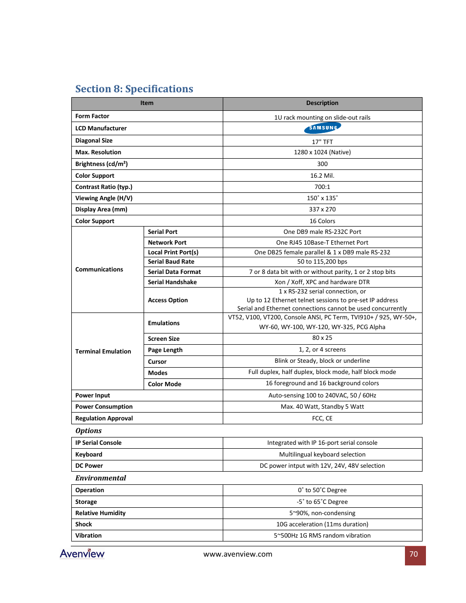 Section 8: specifications | Avenview RTERM Series User Manual | Page 70 / 75