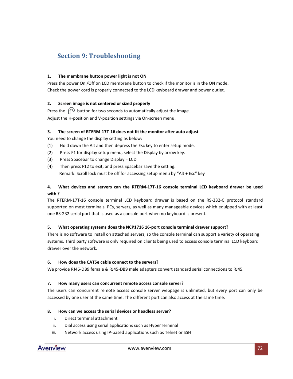 Section 9: troubleshooting | Avenview RTERM Series User Manual | Page 72 / 75