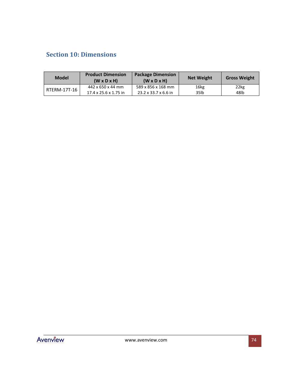 Section 10: dimensions | Avenview RTERM Series User Manual | Page 74 / 75