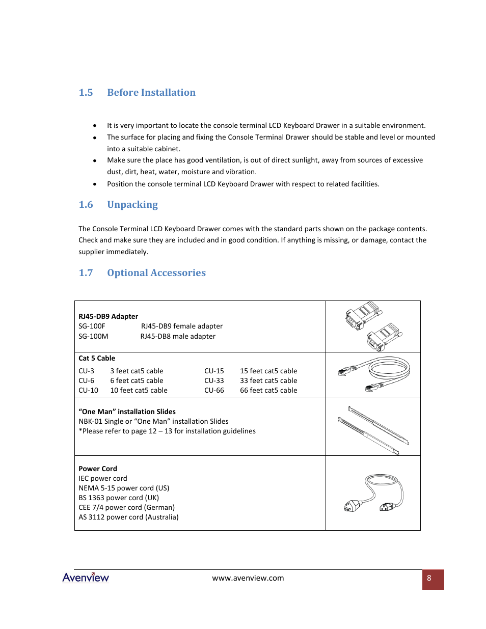 Before installation, Unpacking, Optional accessories | 5 before installation, 6 unpacking, 7 optional accessories | Avenview RTERM Series User Manual | Page 8 / 75