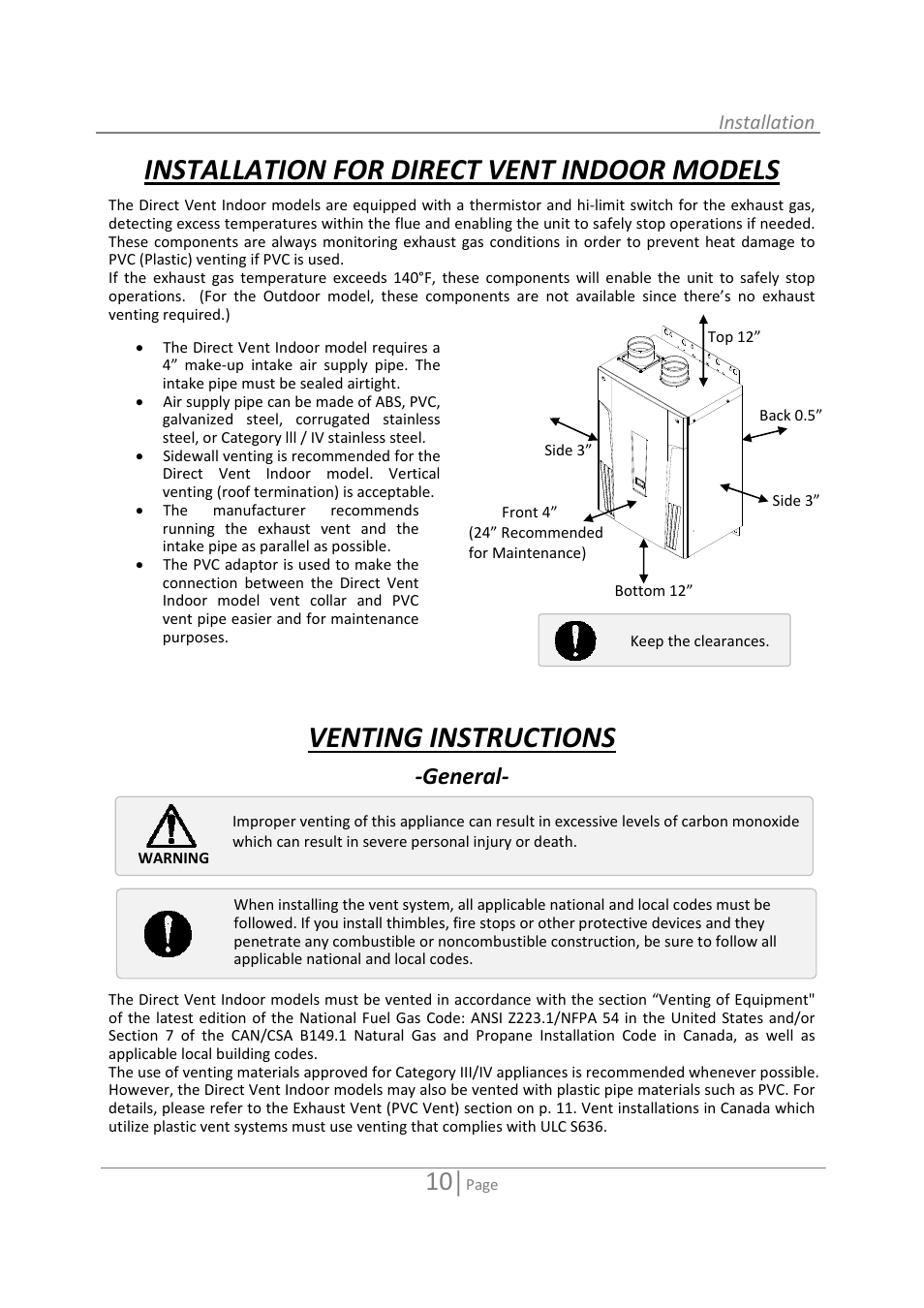 Installation for direct vent indoor models, Venting instructions, General | State 520 User Manual | Page 10 / 52