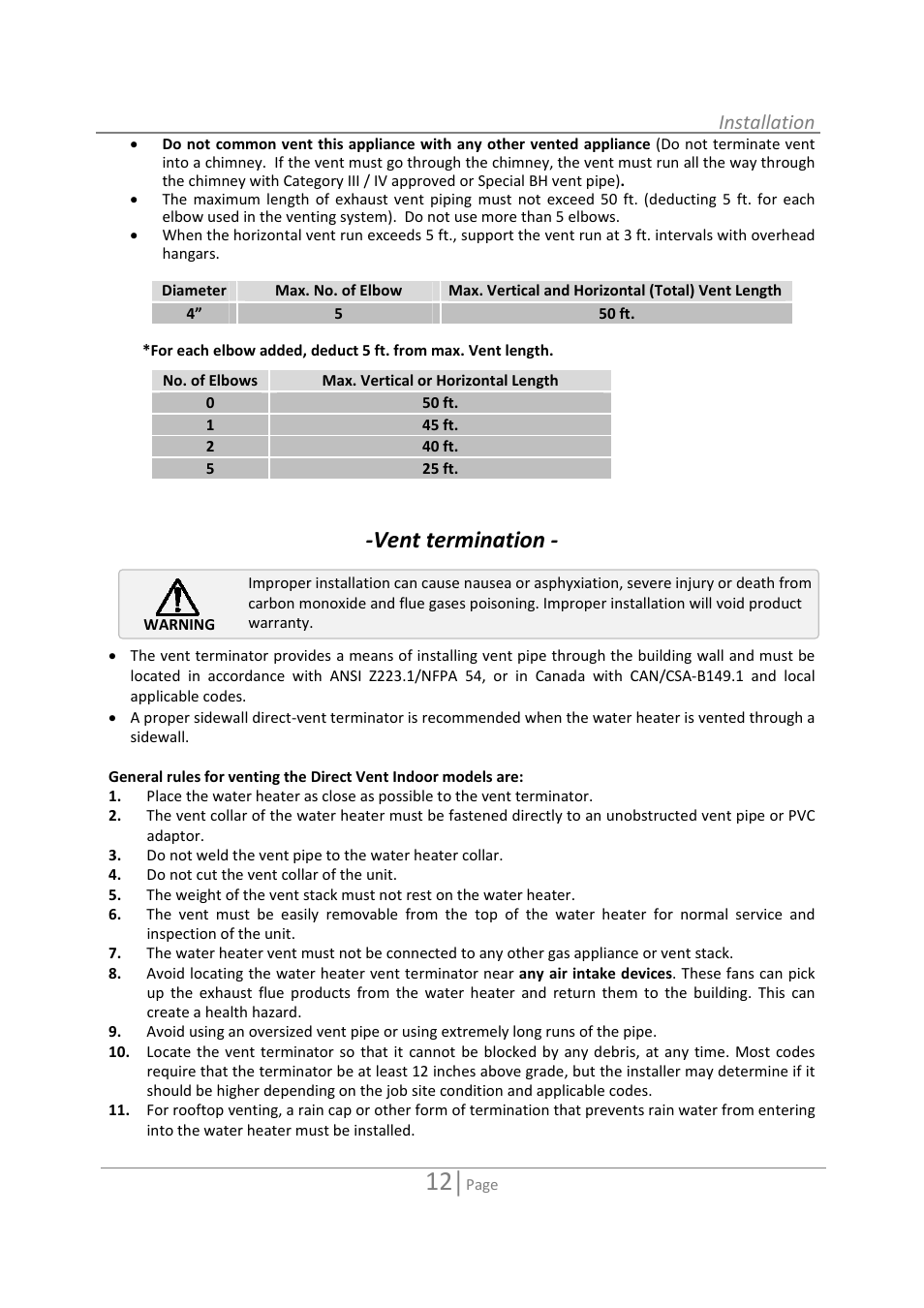 Vent termination, Installation | State 520 User Manual | Page 12 / 52