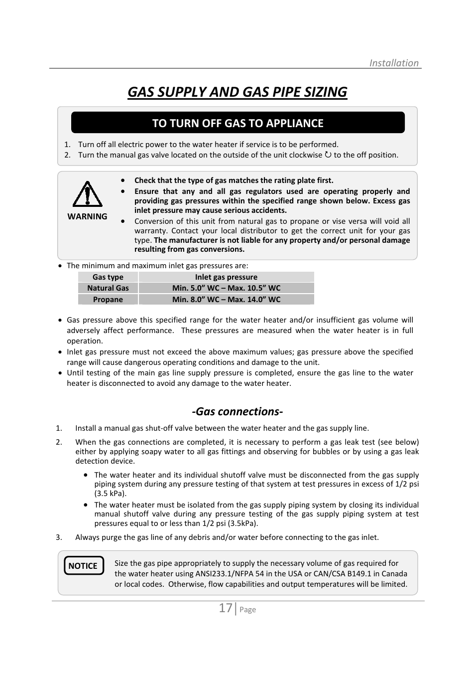 Gas supply and gas pipe sizing, Gas connections | State 520 User Manual | Page 17 / 52