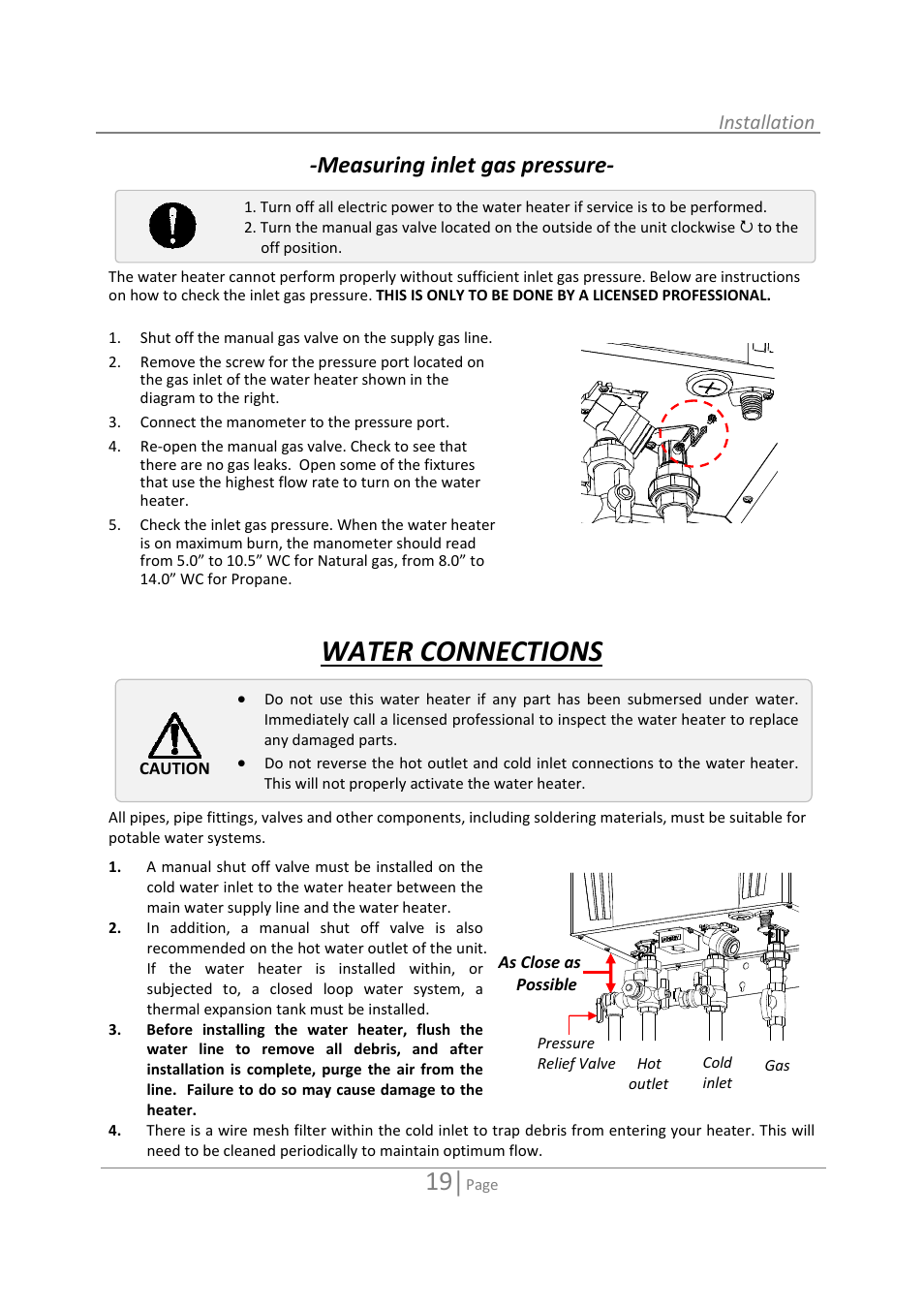 Water connections, Measuring inlet gas pressure | State 520 User Manual | Page 19 / 52