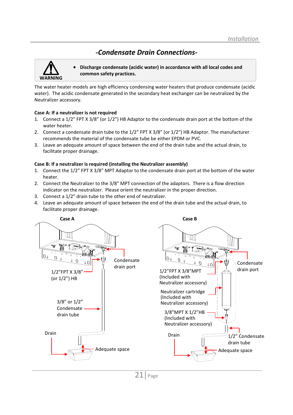 Condensate drain connections, Installation | State 520 User Manual | Page 21 / 52