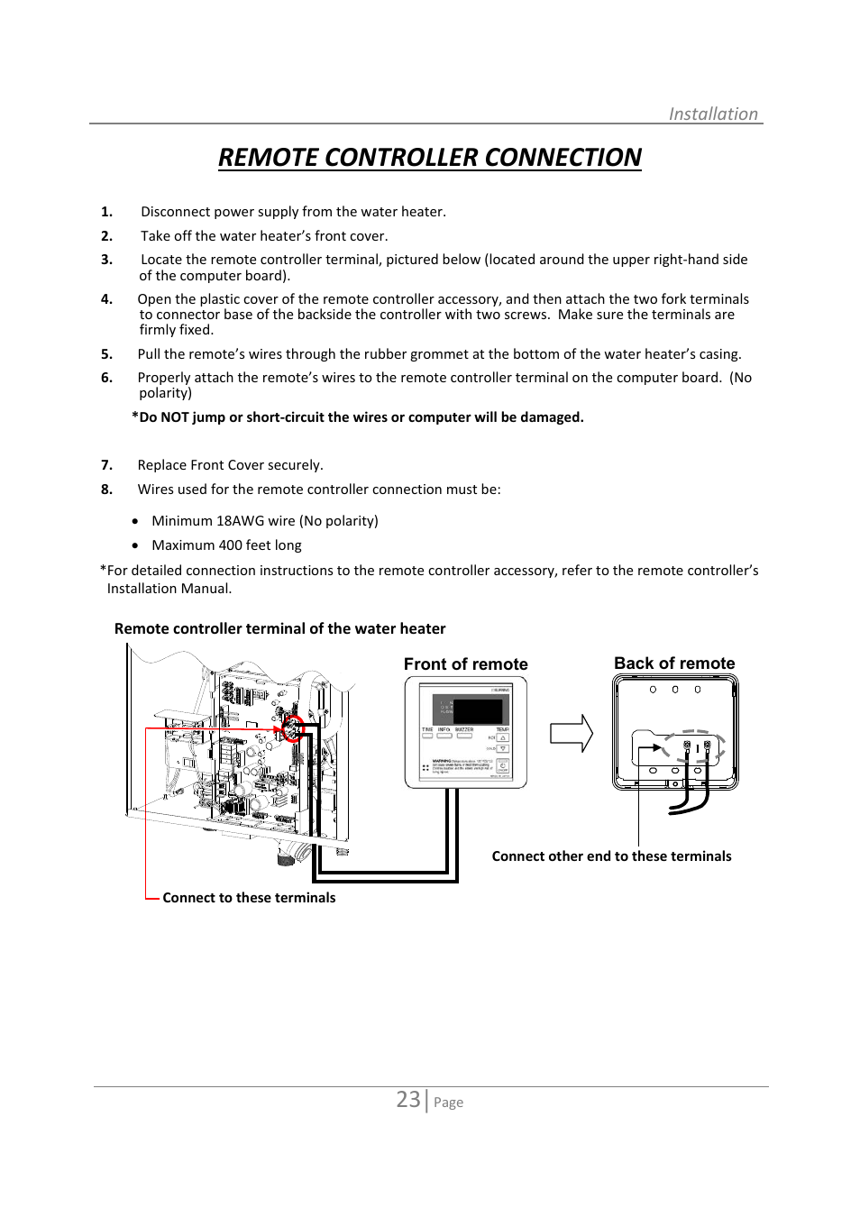 Remote controller connection, Installation | State 520 User Manual | Page 23 / 52