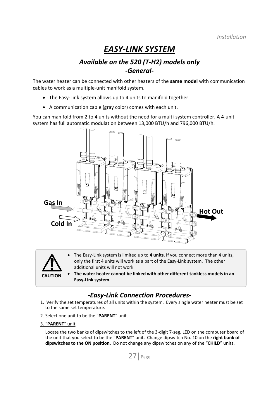 Easy‐link system, Available on the 520 (t‐h2) models only ‐general, Easy‐link connection procedures | Hot out cold in gas in | State 520 User Manual | Page 27 / 52