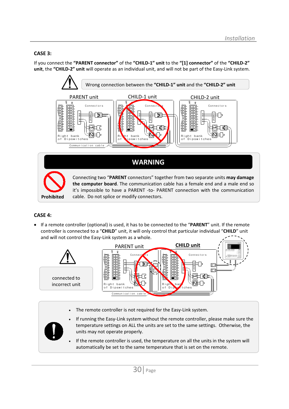 Warning, Installation, Case 3 | Case 4, Parent unit child‐1 unit child‐2 unit, Parent unit child unit, Page, Connected to incorrect unit, Remote controller | State 520 User Manual | Page 30 / 52