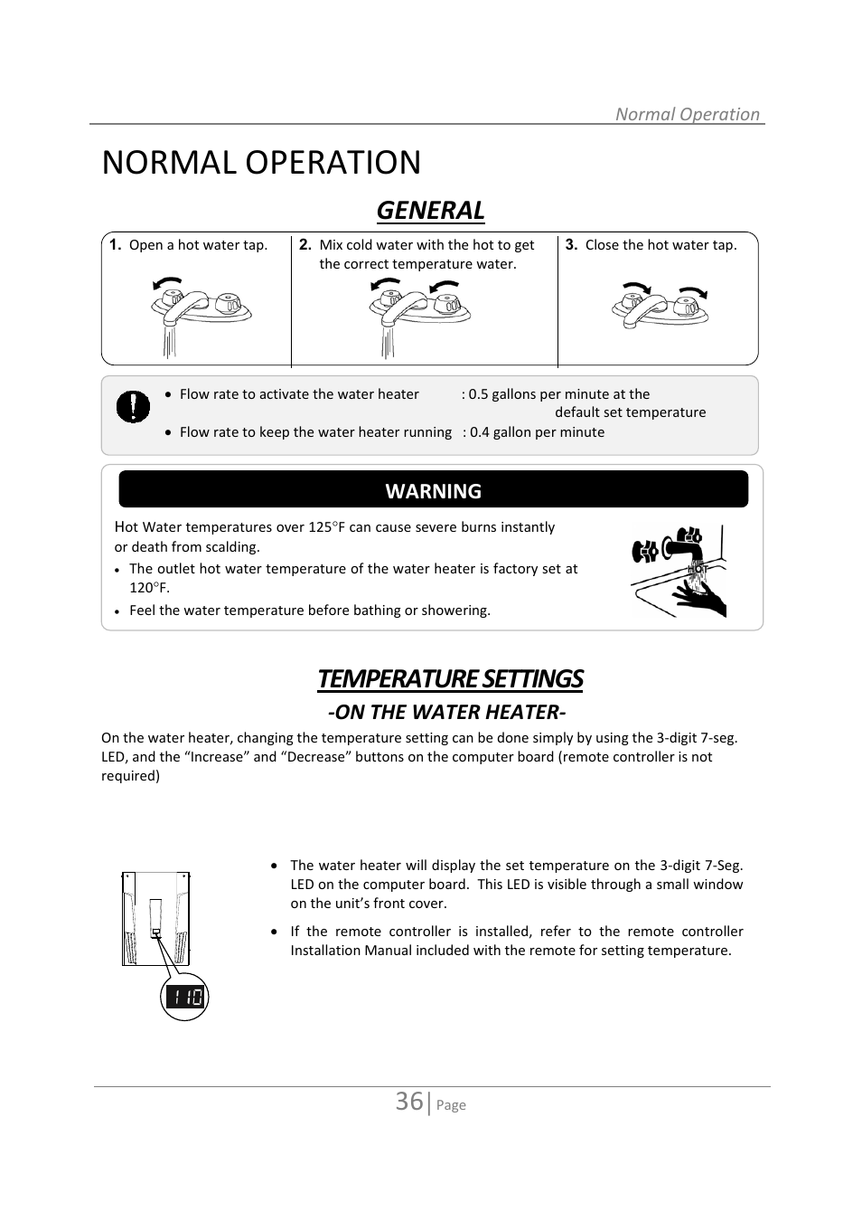 Normal operation, General, Temperature settings | Warning, On the water heater | State 520 User Manual | Page 36 / 52