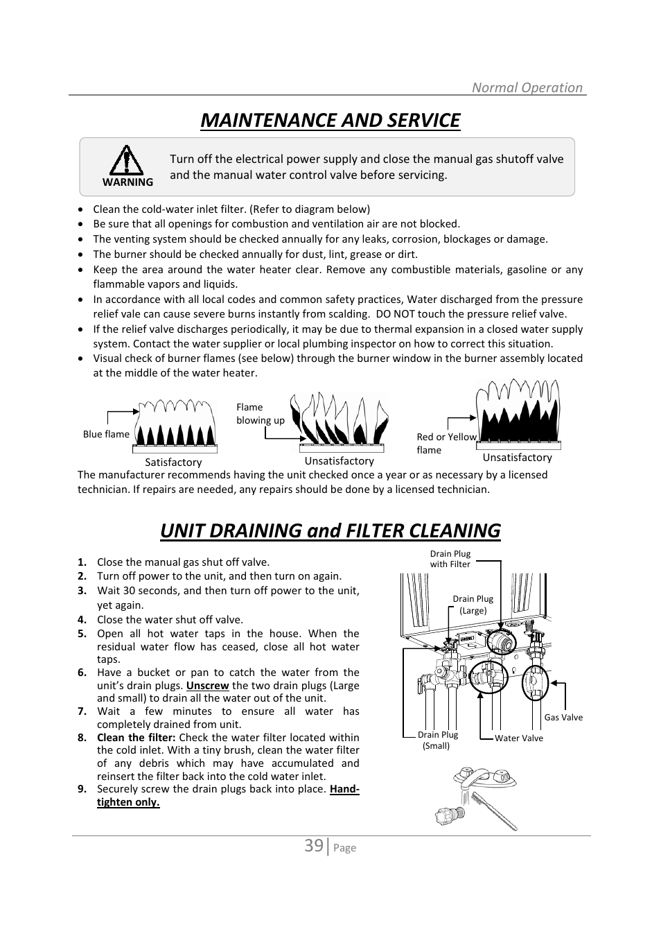 Maintenance and service, Unit draining and filter cleaning | State 520 User Manual | Page 39 / 52