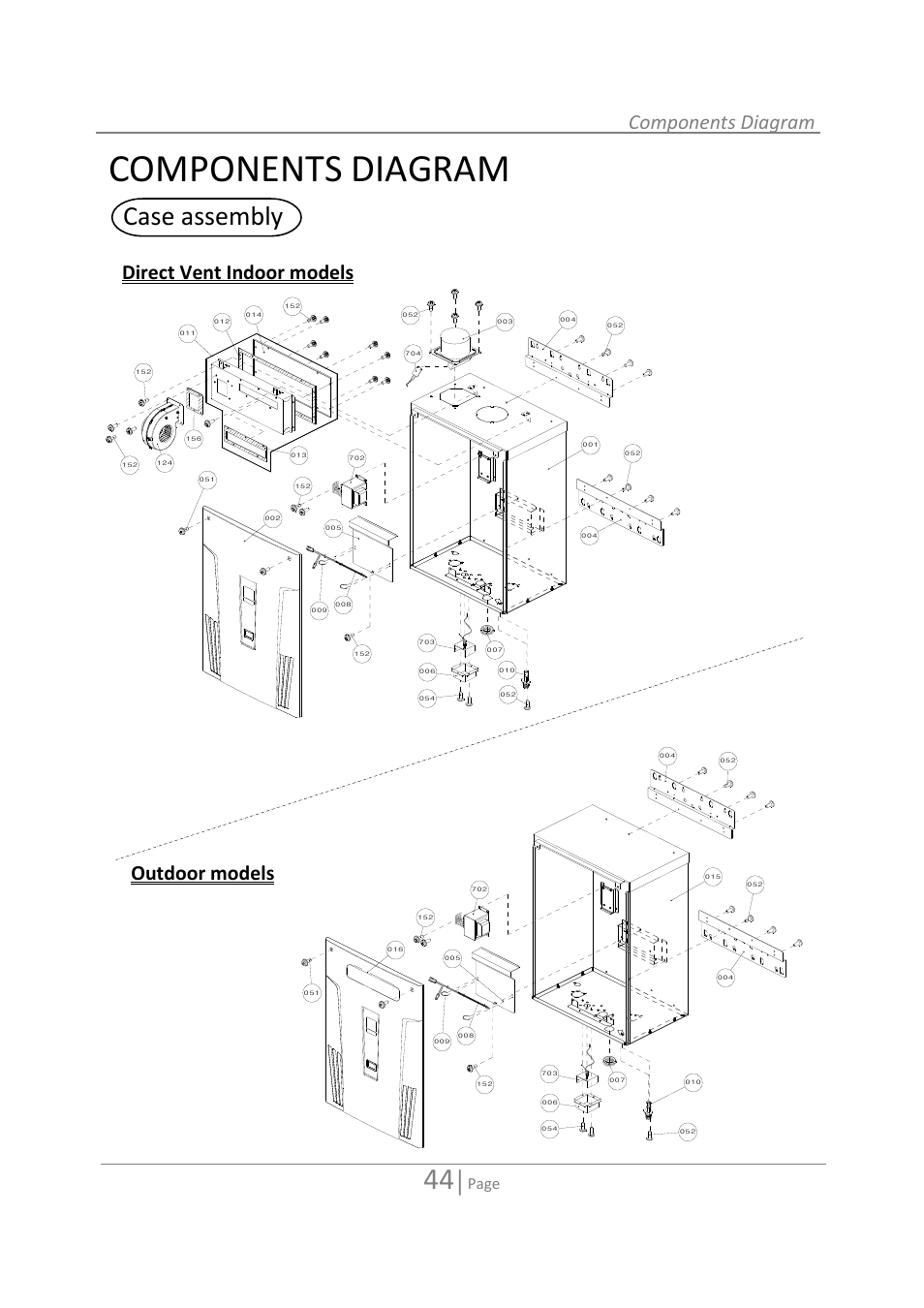 Case assembly, Components diagram, Direct vent indoor models outdoor models | Page | State 520 User Manual | Page 44 / 52