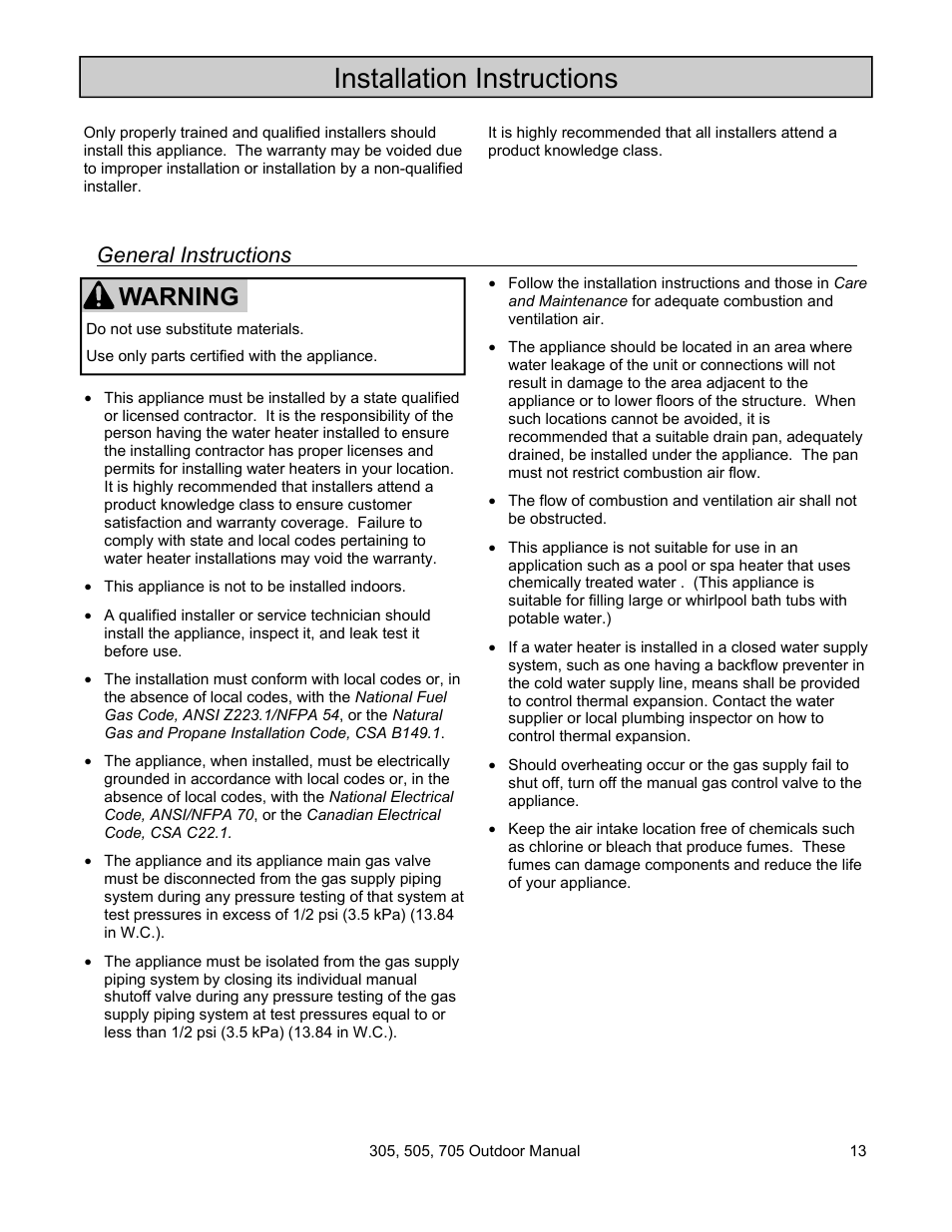 Installation instructions, Warning, General instructions | State 705 User Manual | Page 13 / 36