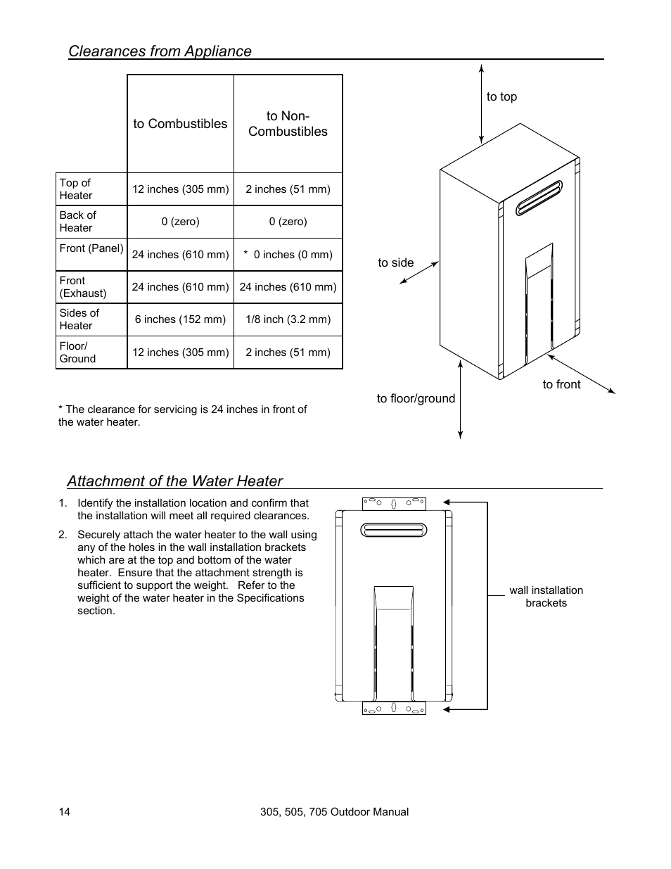 Clearances from appliance, Attachment of the water heater | State 705 User Manual | Page 14 / 36