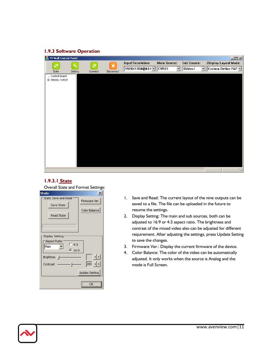 3 software operation, 1 state | Avenview DVI-VIDEOWALL-9X User Manual | Page 11 / 21