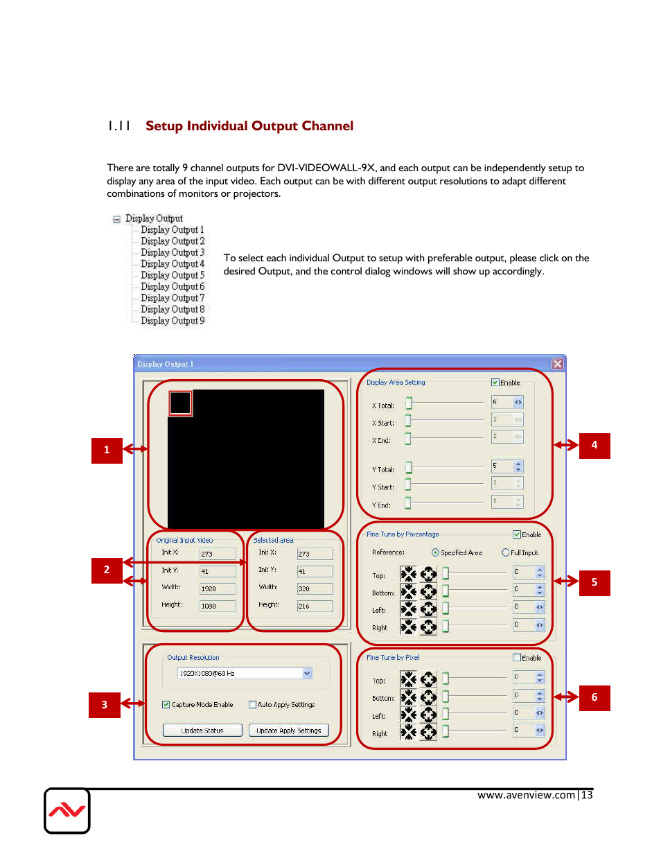 11 setup individual output channel | Avenview DVI-VIDEOWALL-9X User Manual | Page 13 / 21