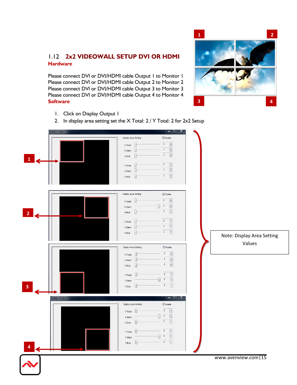 12 2x2 videowall setup dvi or hdmi | Avenview DVI-VIDEOWALL-9X User Manual | Page 15 / 21