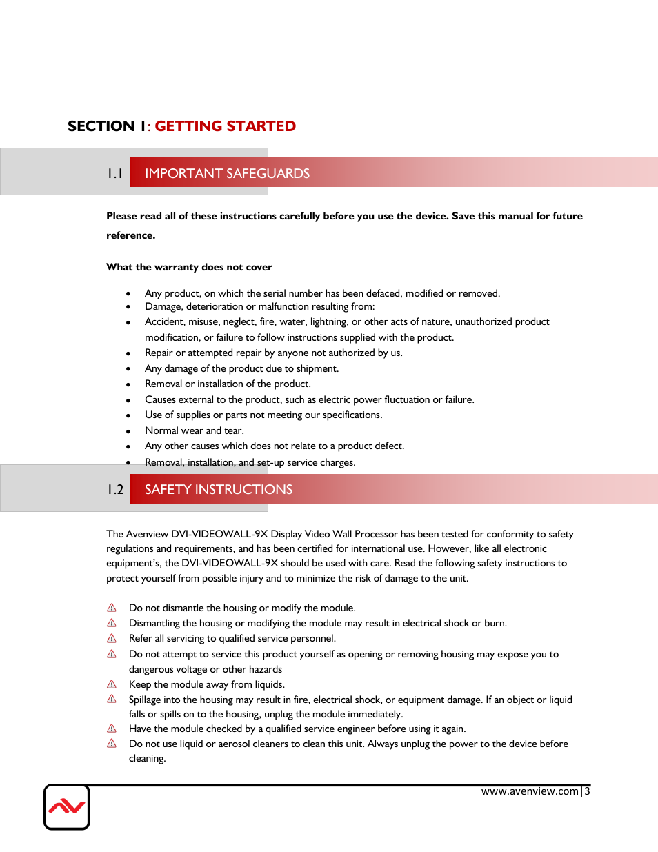 Section 1: getting started, Important safeguards, Safety instructions | 1 important safeguards, 2 safety instructions | Avenview DVI-VIDEOWALL-9X User Manual | Page 3 / 21