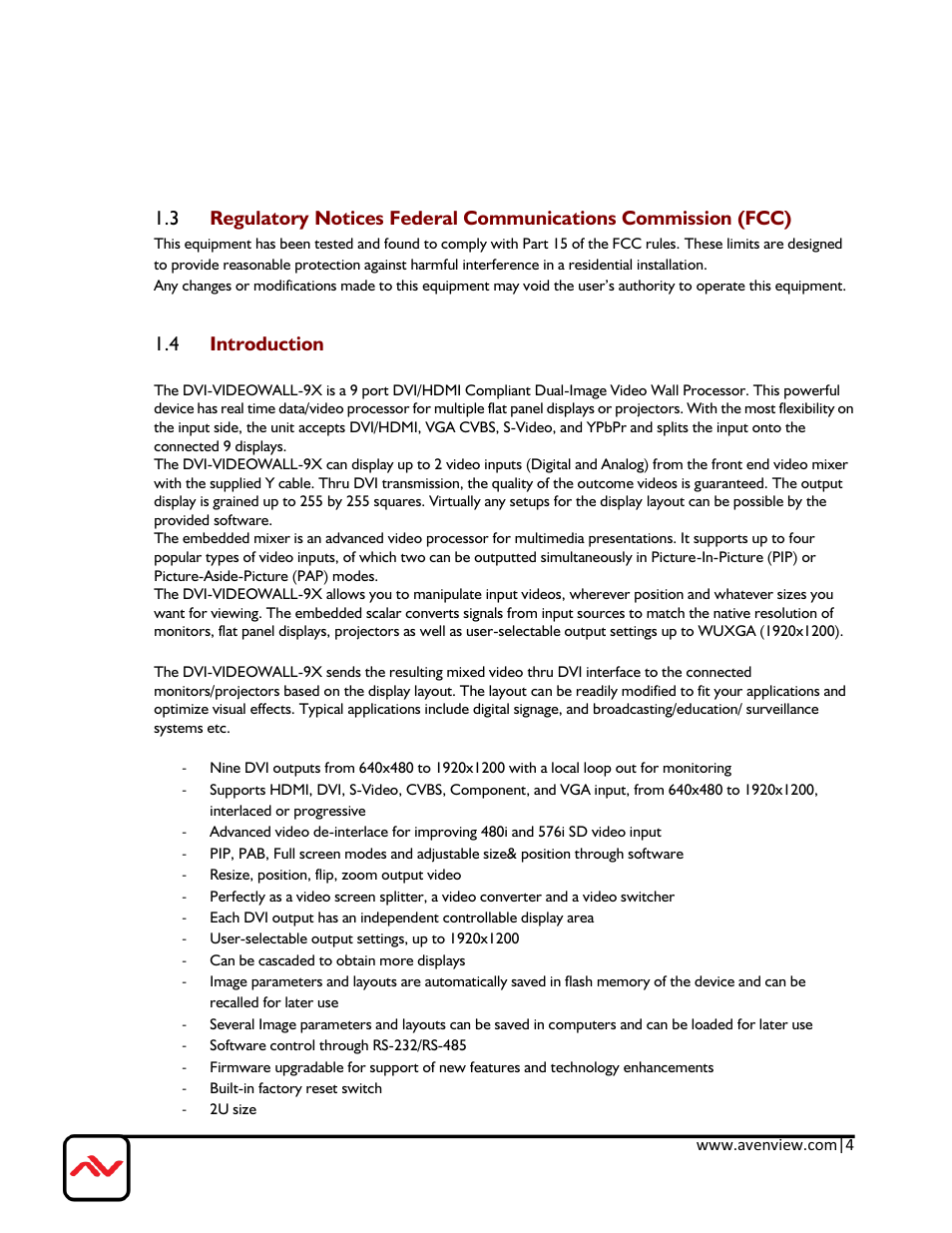 Introduction, 4 introduction | Avenview DVI-VIDEOWALL-9X User Manual | Page 4 / 21
