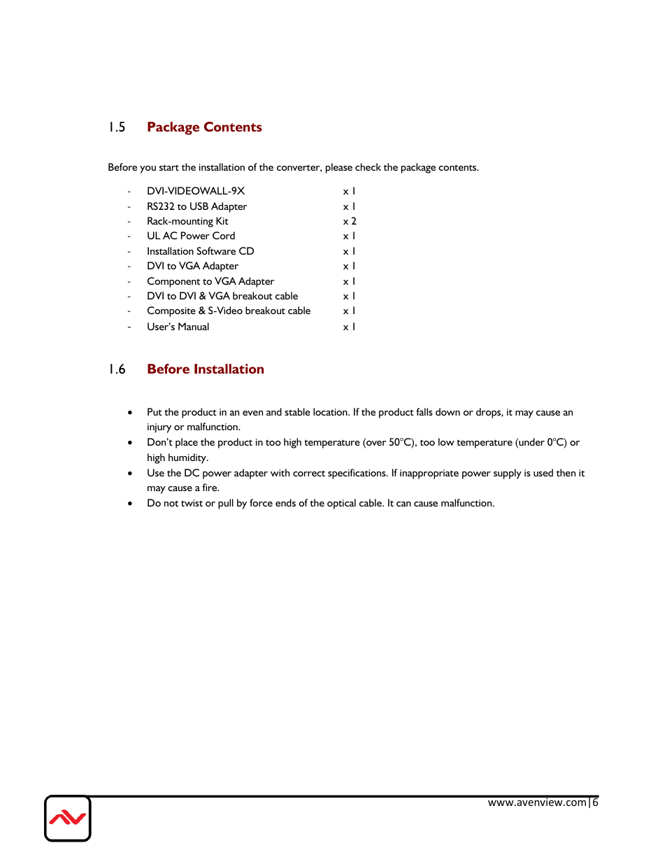 Package contents, Before installation, 5 package contents | 6 before installation | Avenview DVI-VIDEOWALL-9X User Manual | Page 6 / 21