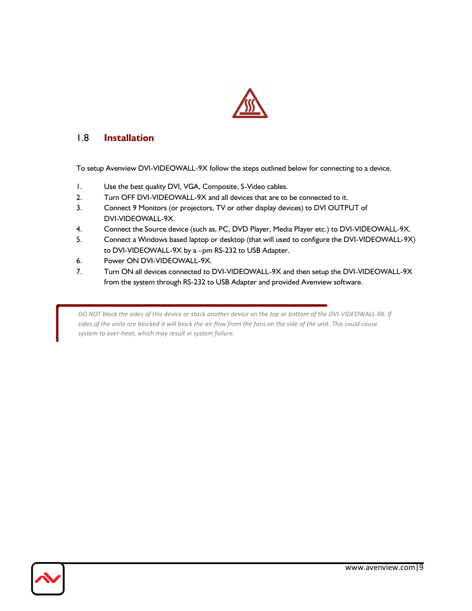 Installation, 8 installation | Avenview DVI-VIDEOWALL-9X User Manual | Page 9 / 21