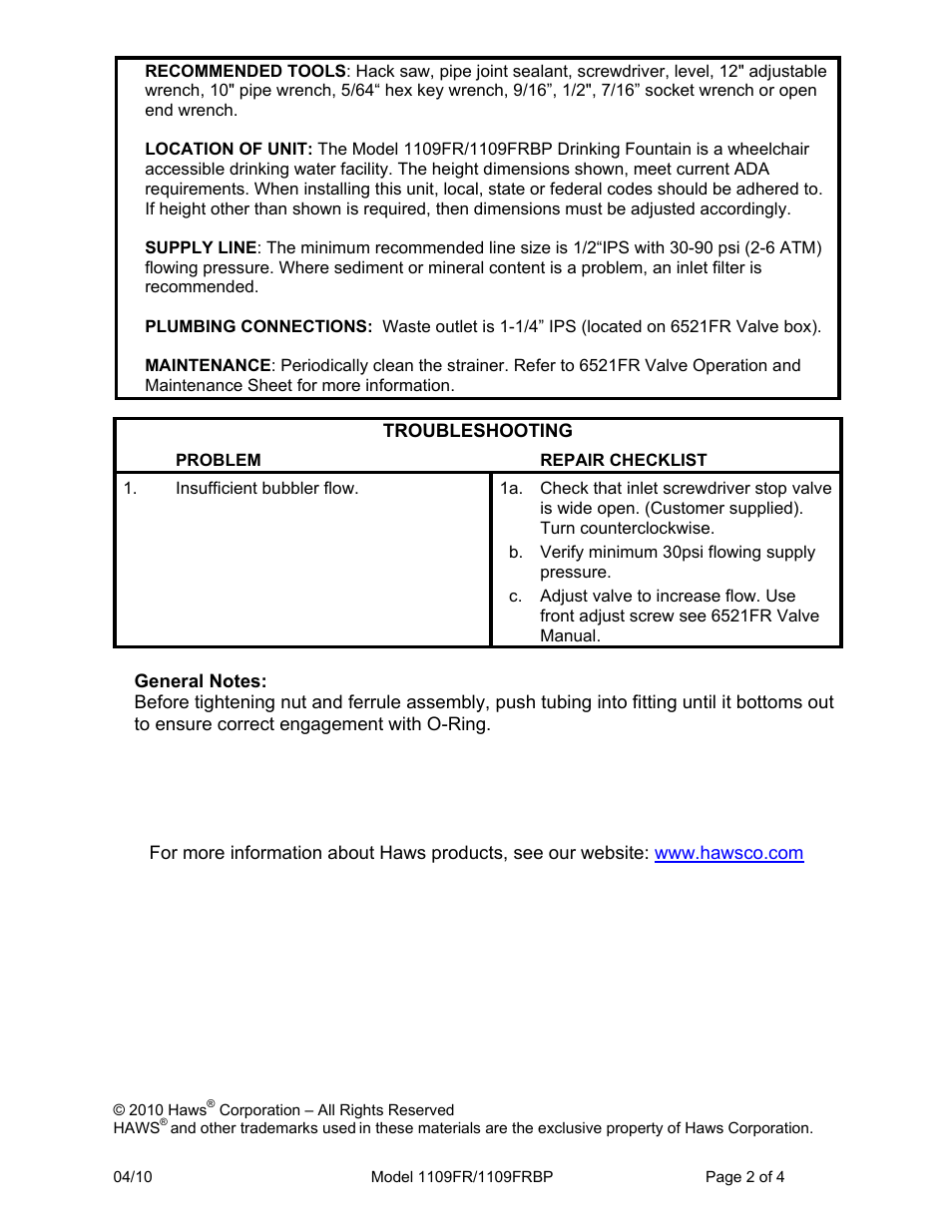 Haws 1109FR User Manual | Page 2 / 4