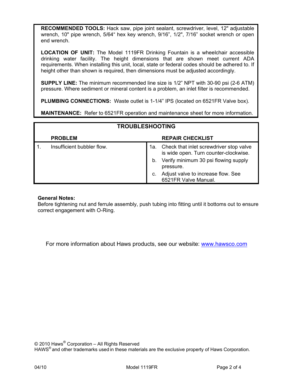 Haws 1119FR User Manual | Page 2 / 4