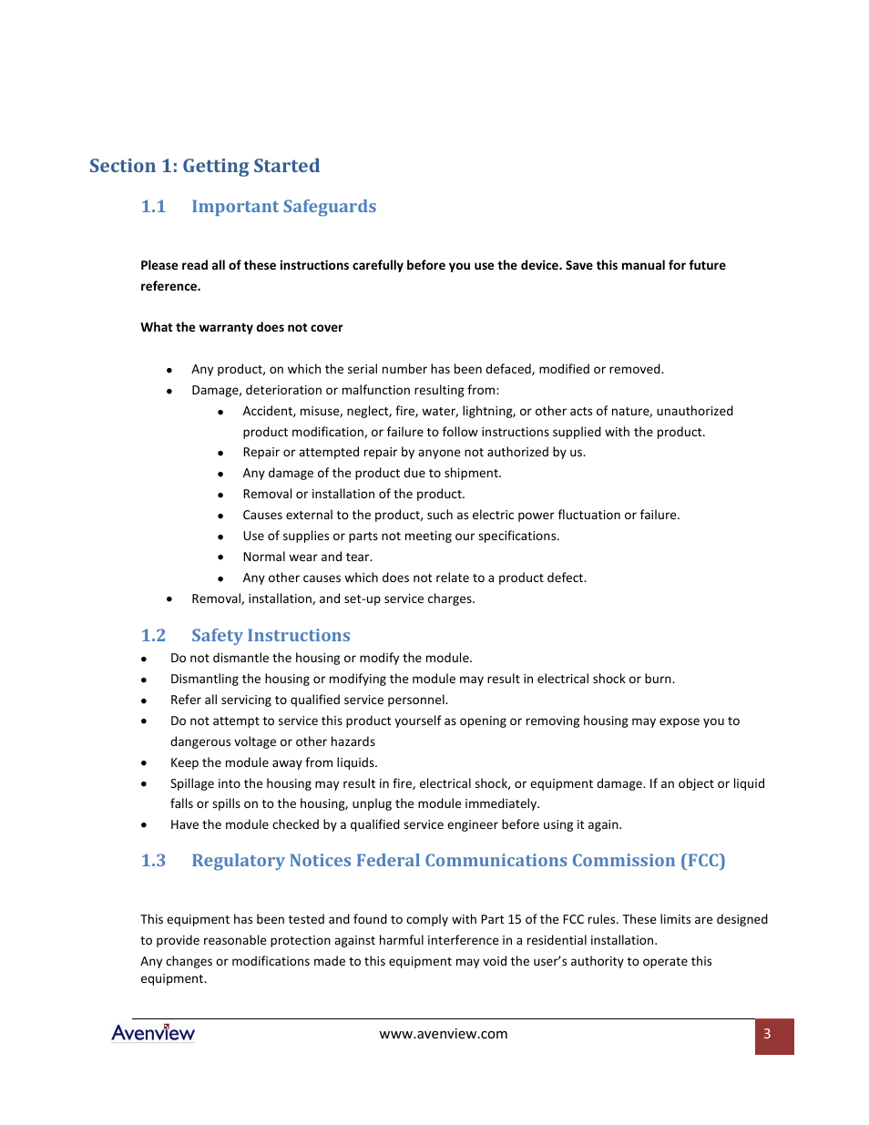 Section 1: getting started, Important safeguards, Safety instructions | 1 important safeguards, 2 safety instructions | Avenview SPLIT-DVI Series SPLIT-DVI-5 User Manual | Page 3 / 7