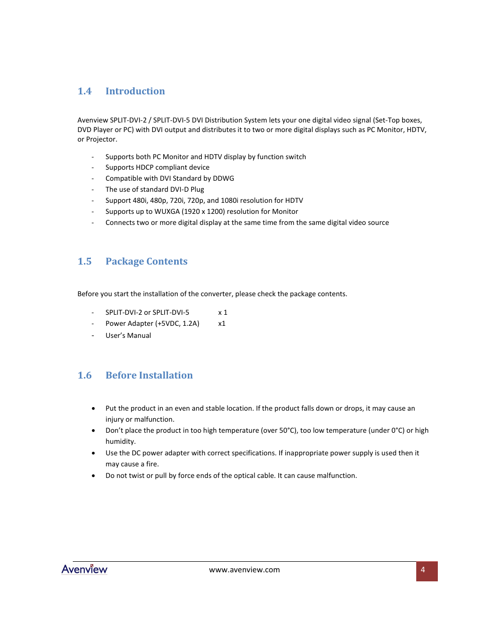 Introduction, Package contents, Before installation | 4 introduction, 5 package contents, 6 before installation | Avenview SPLIT-DVI Series SPLIT-DVI-5 User Manual | Page 4 / 7