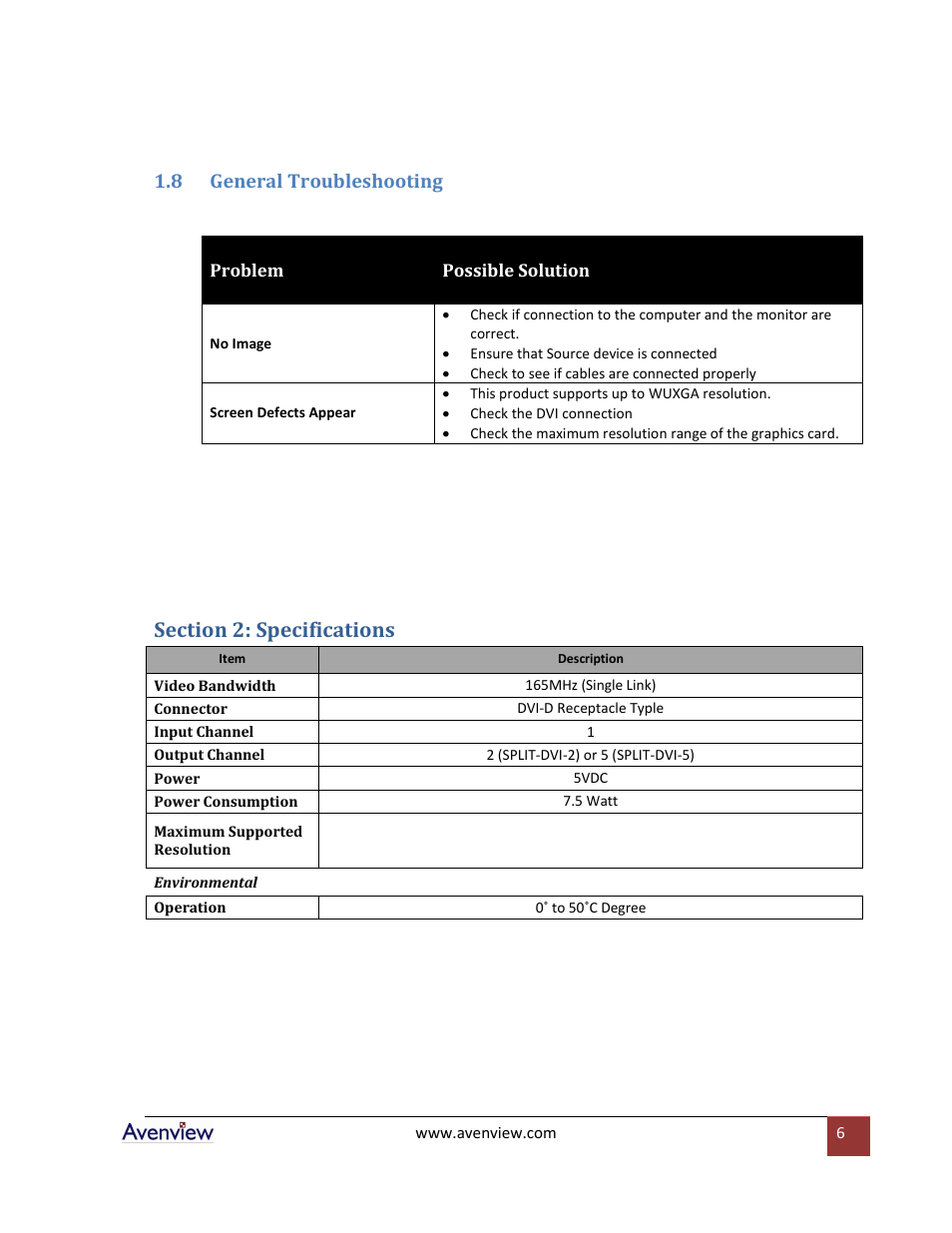 General troubleshooting, Section 2: specifications, 8 general troubleshooting | Avenview SPLIT-DVI Series SPLIT-DVI-5 User Manual | Page 6 / 7