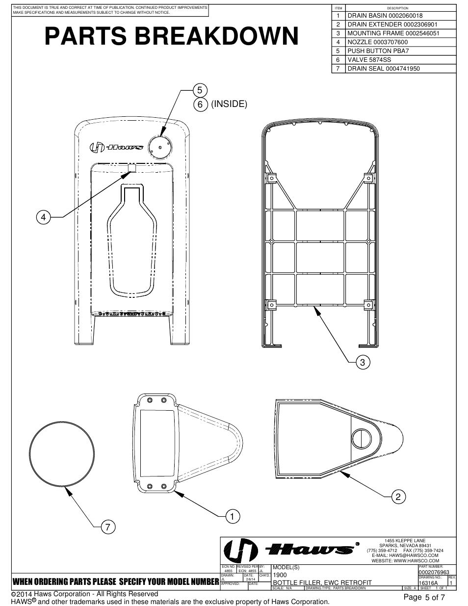 Parts breakdown, 76 (inside), Page | 5 of 7 | Haws 1900 User Manual | Page 5 / 7