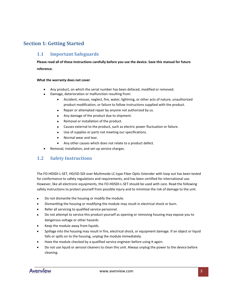 Section 1: getting started, Important safeguards, Safety instructions | 1 important safeguards, 2 safety instructions | Avenview FO-HDSDI-L-SET User Manual | Page 3 / 10