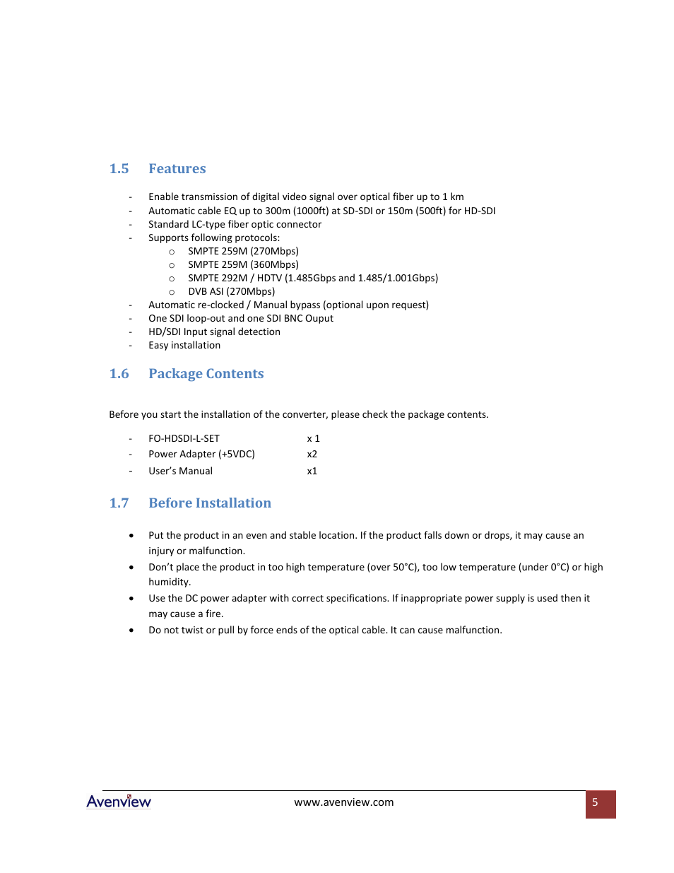 Features, Package contents, Before installation | 5 features, 6 package contents, 7 before installation | Avenview FO-HDSDI-L-SET User Manual | Page 5 / 10