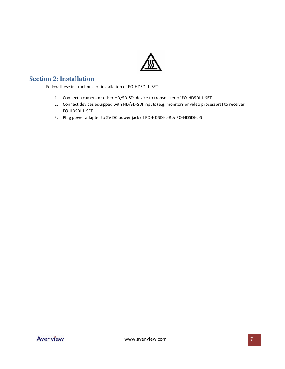 Section 2: installation | Avenview FO-HDSDI-L-SET User Manual | Page 7 / 10