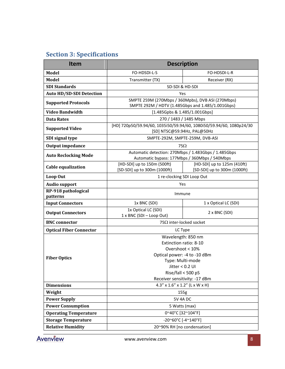 Section 3: specifications | Avenview FO-HDSDI-L-SET User Manual | Page 8 / 10