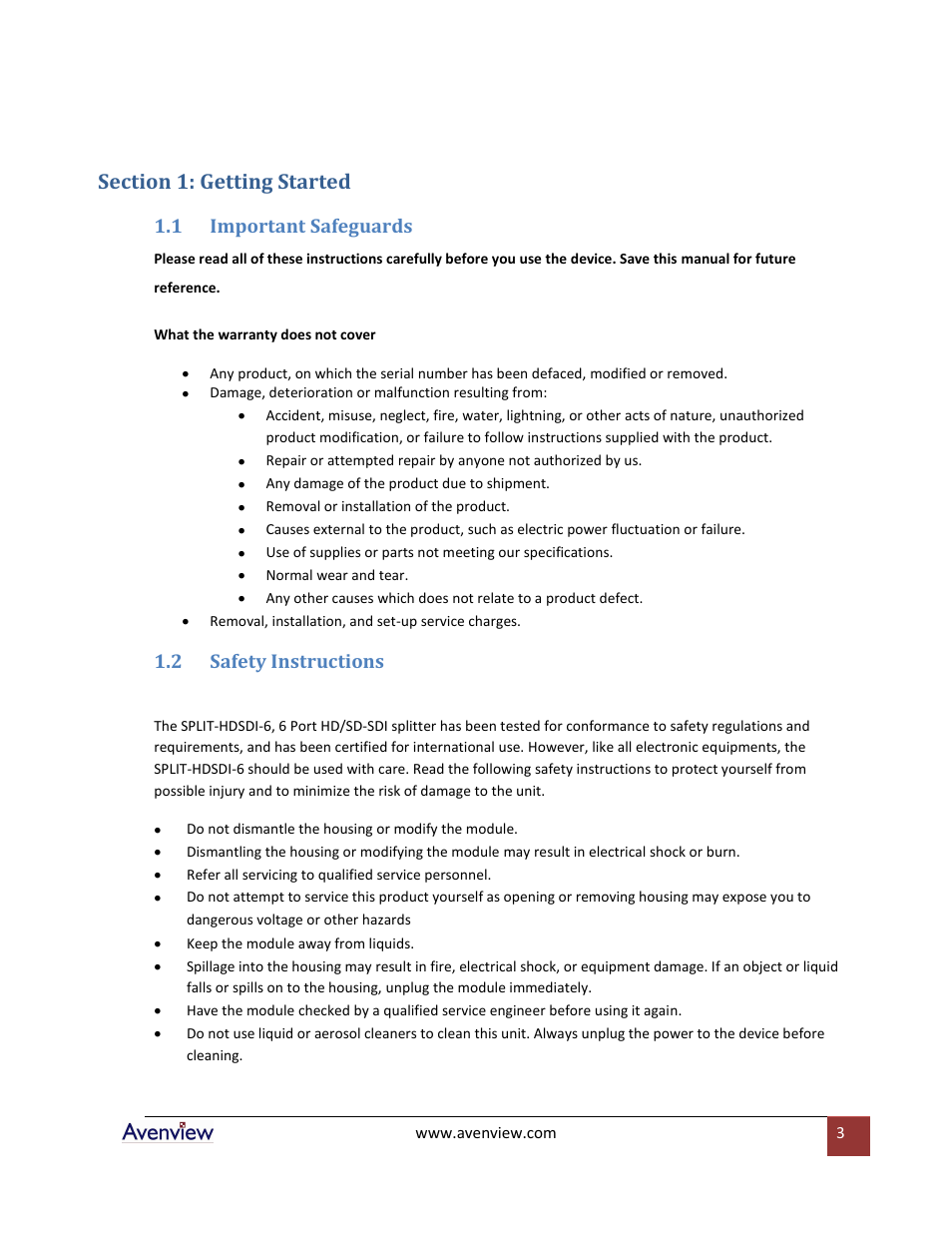 Section 1: getting started, Important safeguards, Safety instructions | 1 important safeguards, 2 safety instructions | Avenview SPLIT-HDSDI-6 User Manual | Page 3 / 8