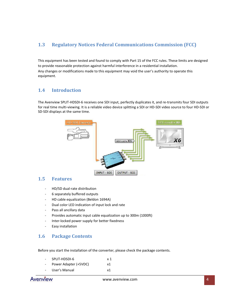 Introduction, Features, Package contents | 4 introduction, 5 features, 6 package contents | Avenview SPLIT-HDSDI-6 User Manual | Page 4 / 8