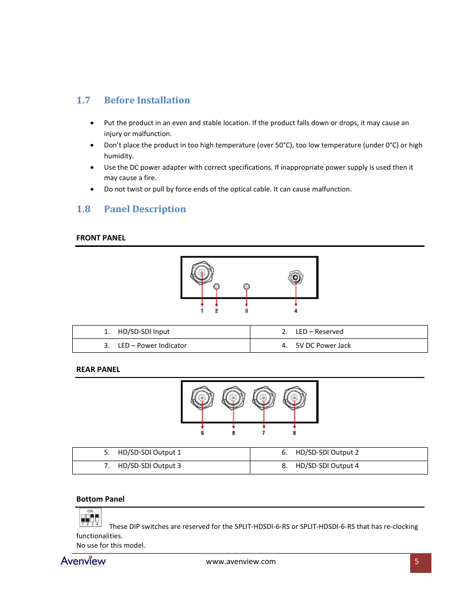 Before installation, Panel description, 7 before installation | 8 panel description | Avenview SPLIT-HDSDI-6 User Manual | Page 5 / 8