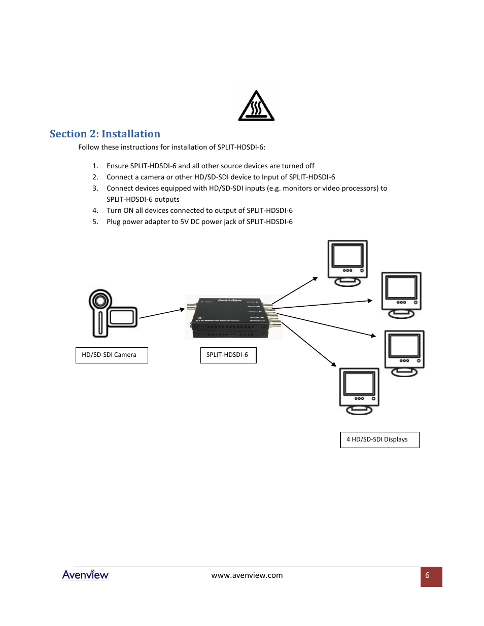 Section 2: installation | Avenview SPLIT-HDSDI-6 User Manual | Page 6 / 8