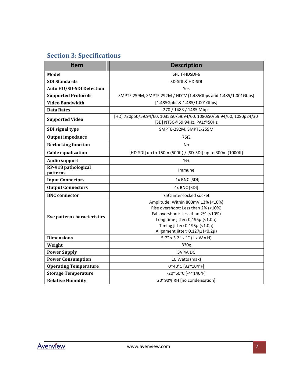 Section 3: specifications | Avenview SPLIT-HDSDI-6 User Manual | Page 7 / 8
