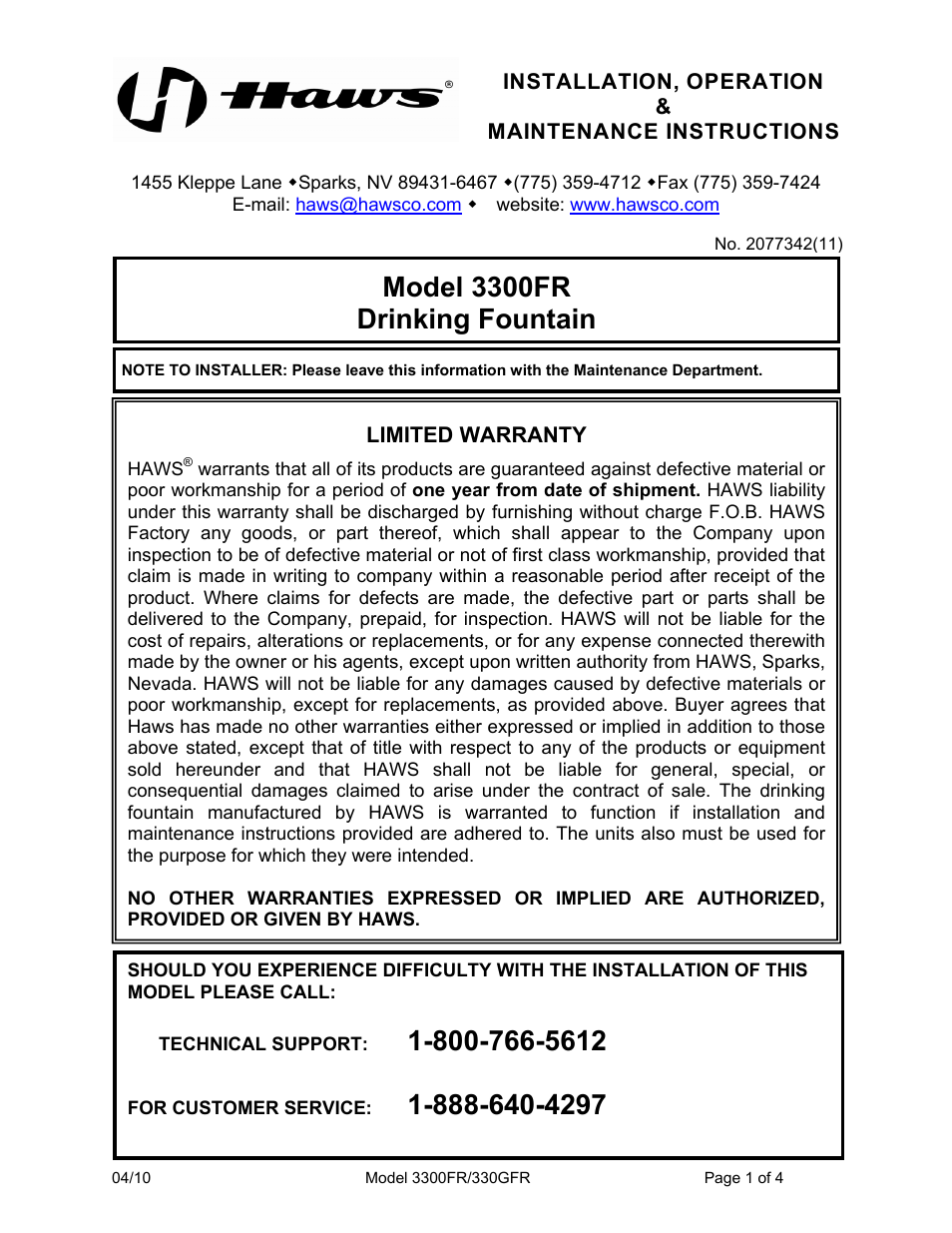 Haws 3300FR User Manual | 4 pages
