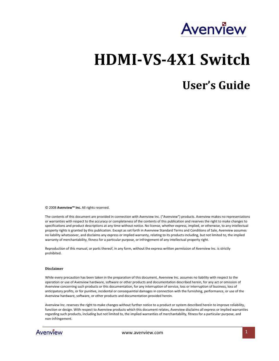 Avenview HDMI-VS-4X1 User Manual | 8 pages