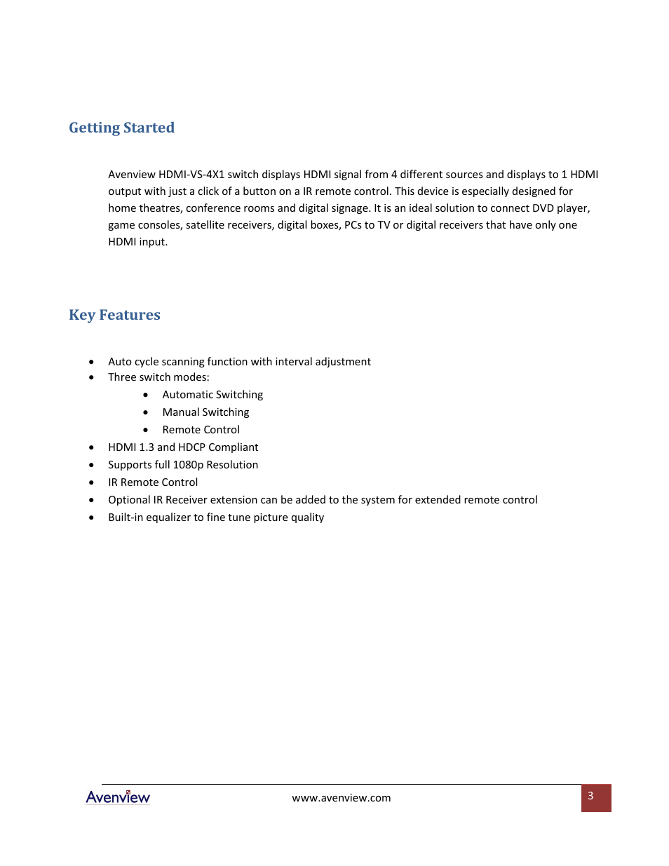 Getting started, Key features | Avenview HDMI-VS-4X1 User Manual | Page 3 / 8