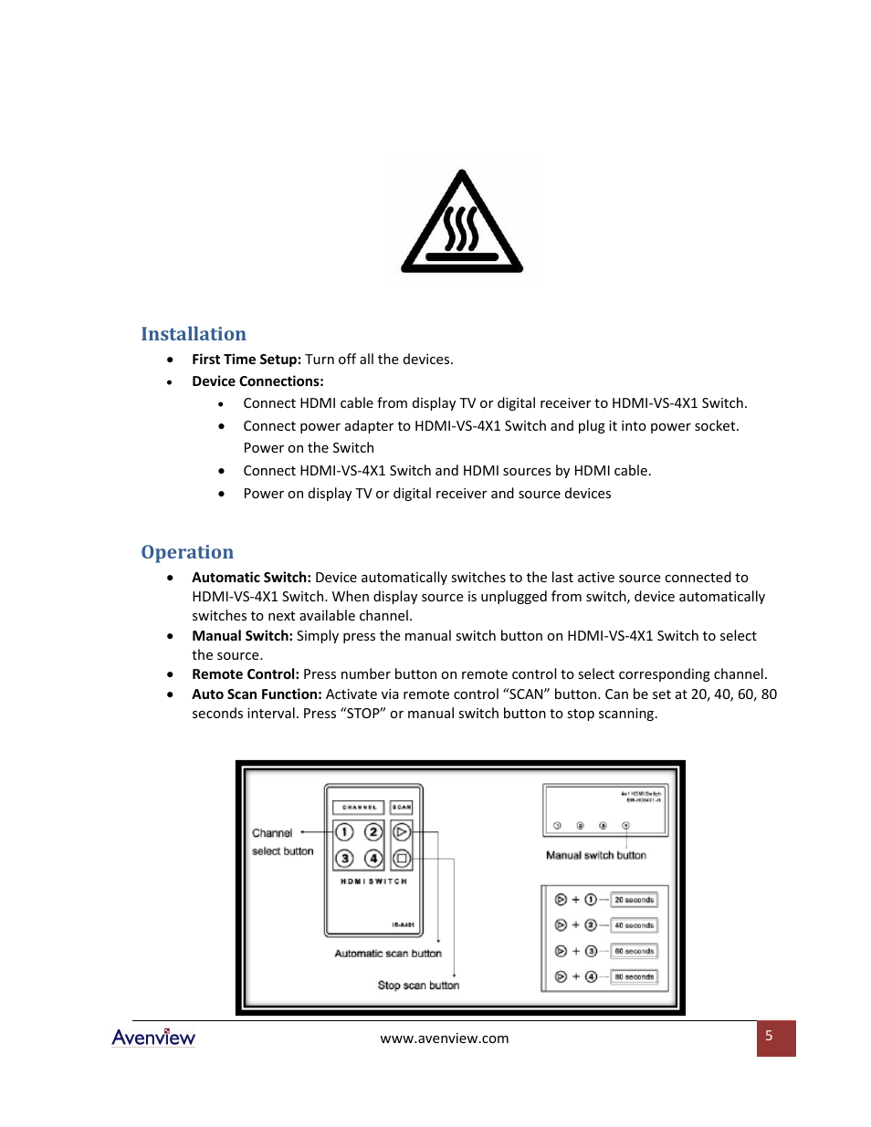 Installation, Operation | Avenview HDMI-VS-4X1 User Manual | Page 5 / 8